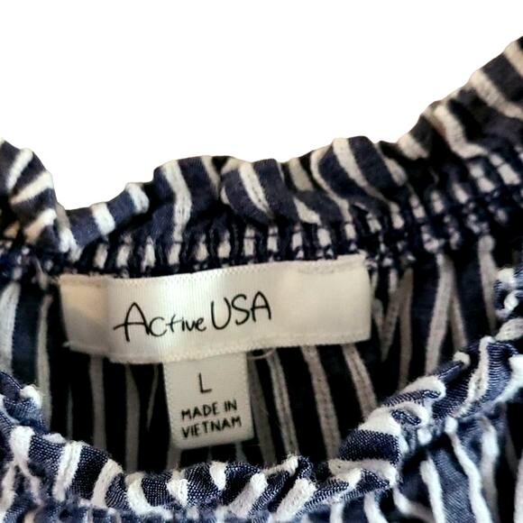 Excellent Active USA Blue White Striped Puff Sleeve Blouse Women’s Size Large - Picture 5 of 6